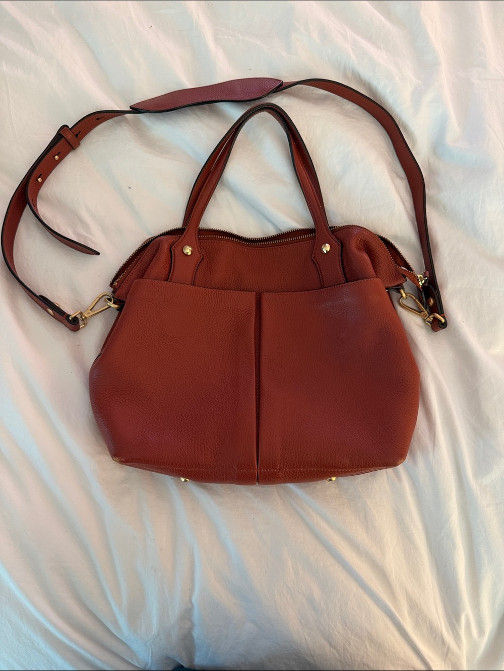 Annabel Ingall Rust Pebbled Leather Shoulder Bag with Crossbody Strap